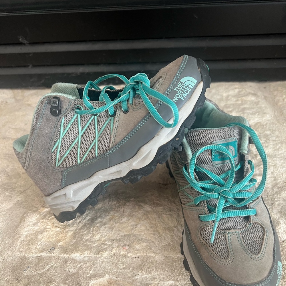 The North Face Kids' Gray and Teal Mid Hiking Shoes